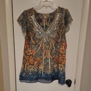 One World Paisley Sequin Top Sz M